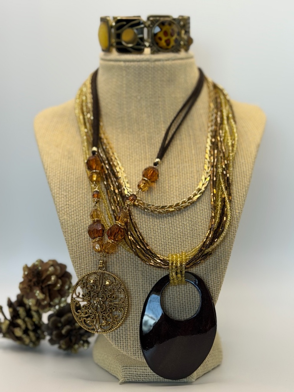 Bundle of 4- Multi-Strand Brown and Gold Pendant Necklace with Filigree Charm - - Picture 6 of 10